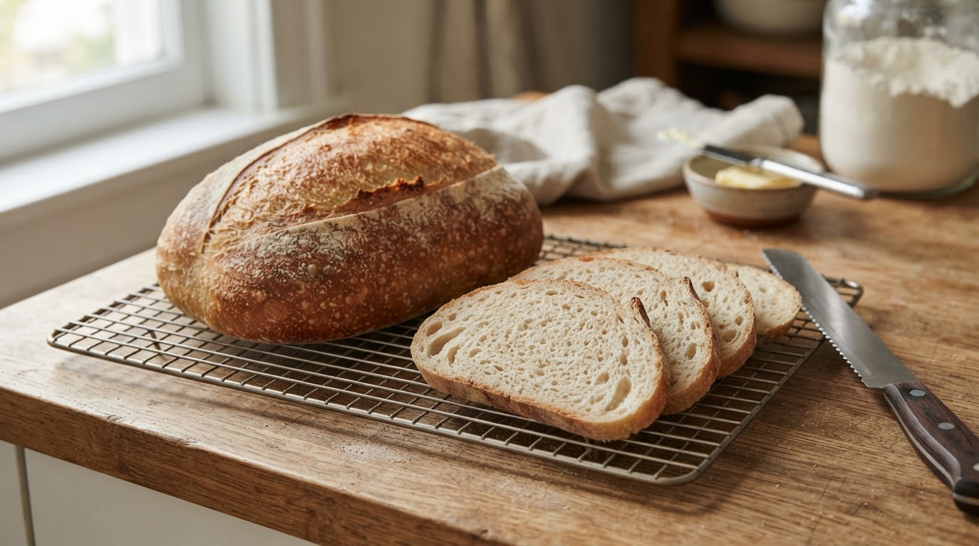Editorial illustration for sourdough sandwich bread recipe.