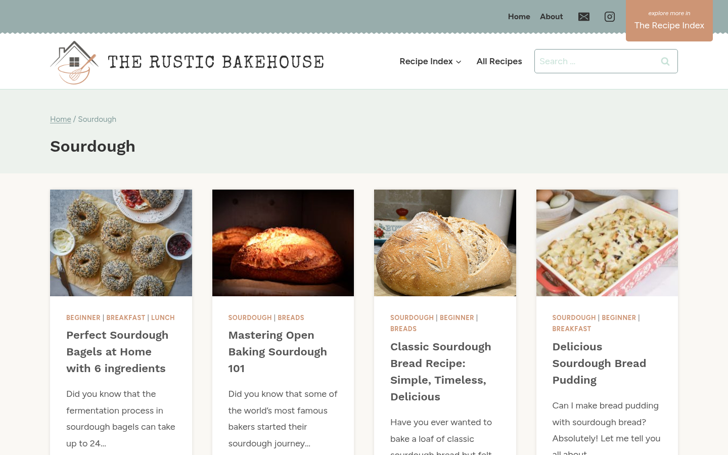 Sourdough tag collection first screen: breadcrumb, H1 'Sourdough', and 4-column sourdough-recipe card grid with pagination.