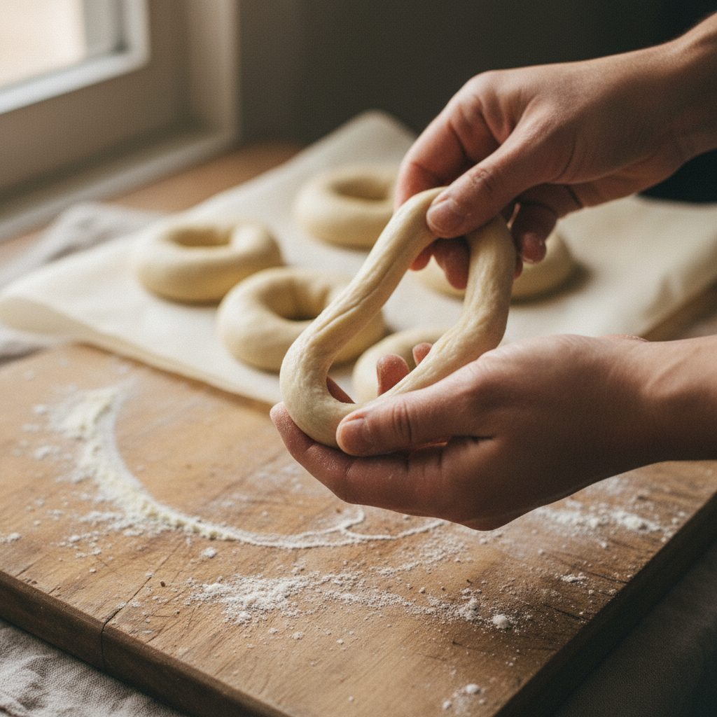 Baker shaping bagel dough